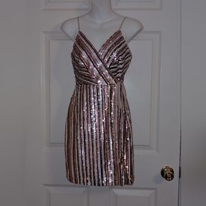 BCBG Max Azria Sequin Cocktail Dress 02 Blush Pink Wrap Style Party Mini